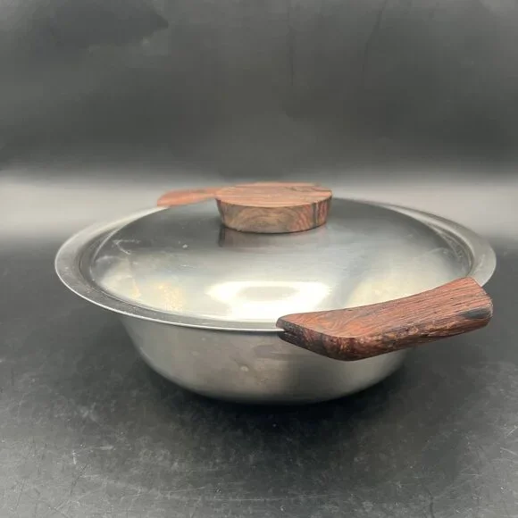 MCM 18/8 Stainless Serving Bowl with Lid Teak Handles Made In Denmark 8.5” - Picture 7 of 14